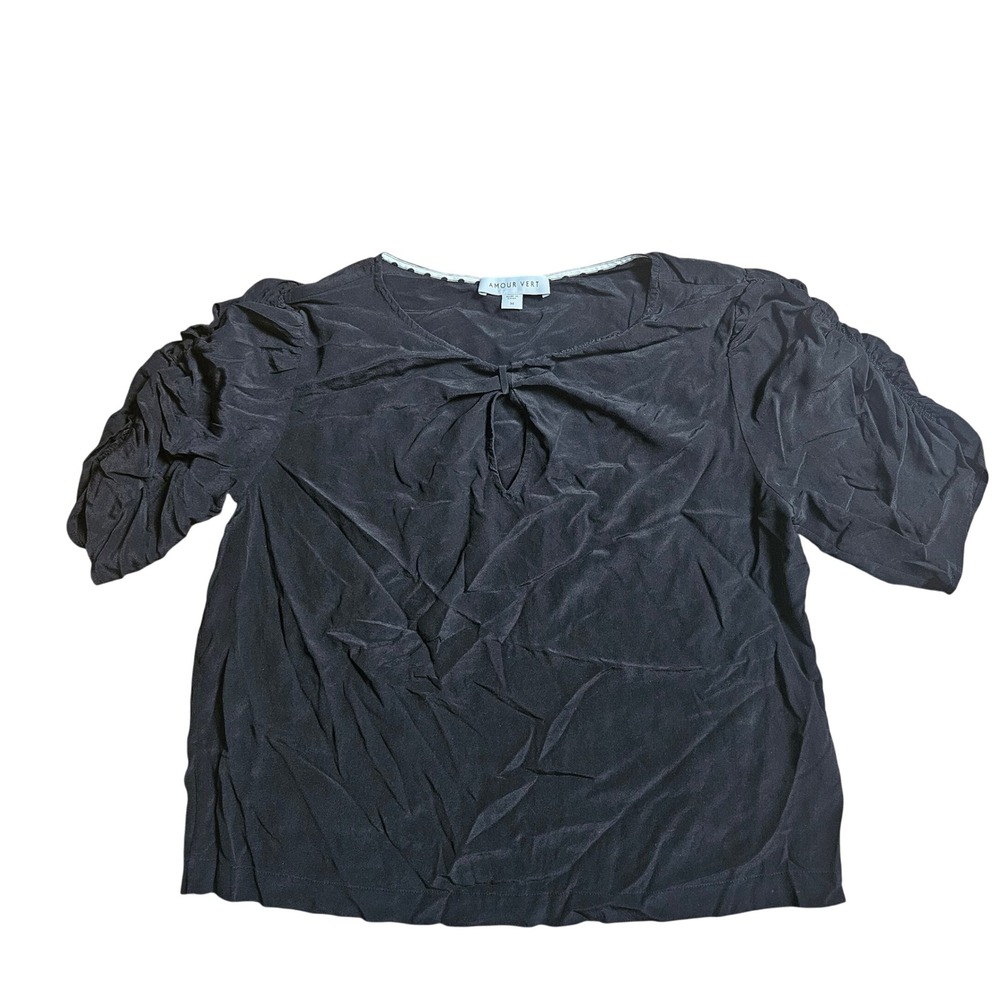 Amour Vert 100% Silk Keyhole Bow Puff Sleeve Blouse Top Womens M Minimalist Chic
